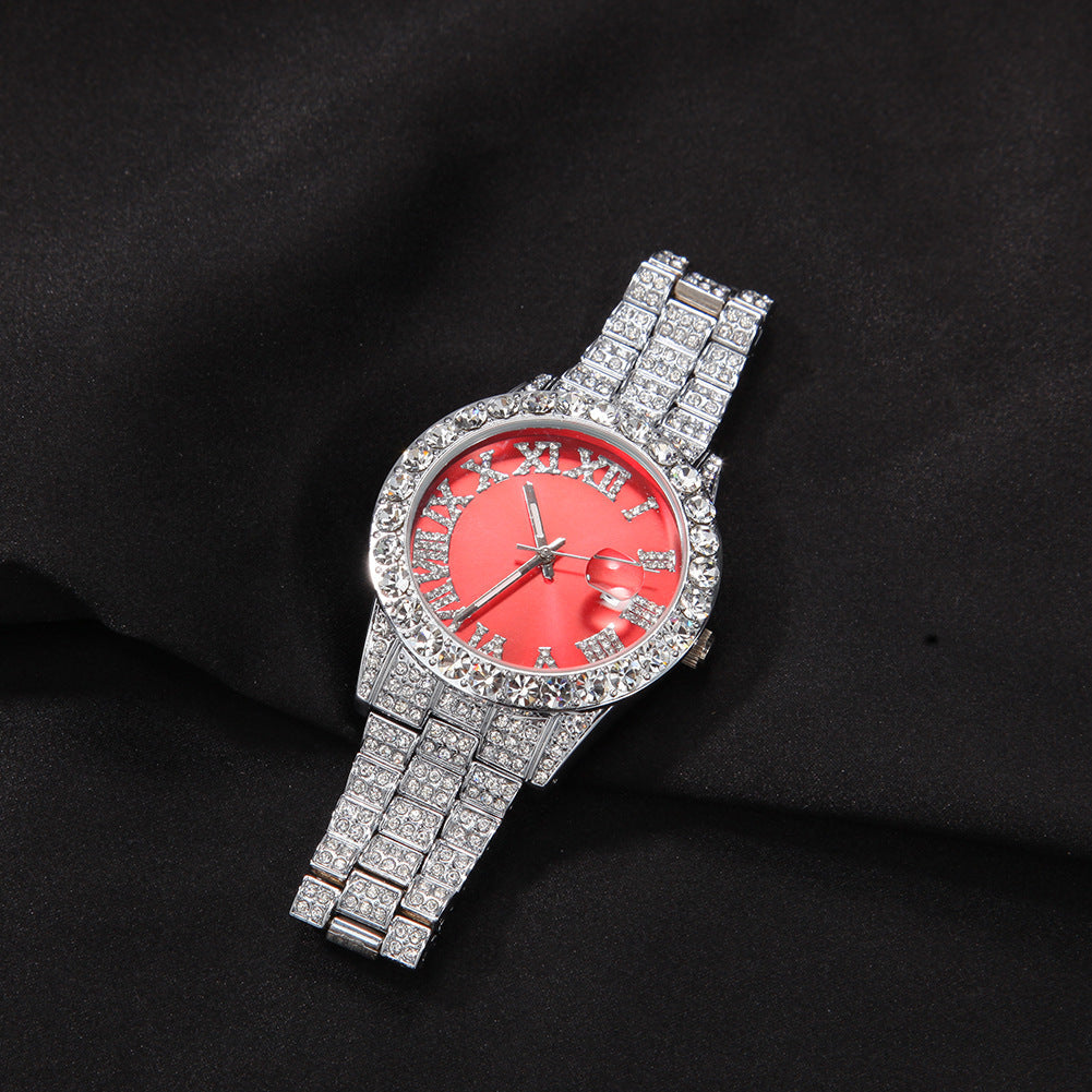 Hip-hop watch with Roman numerals and diamonds, large dial