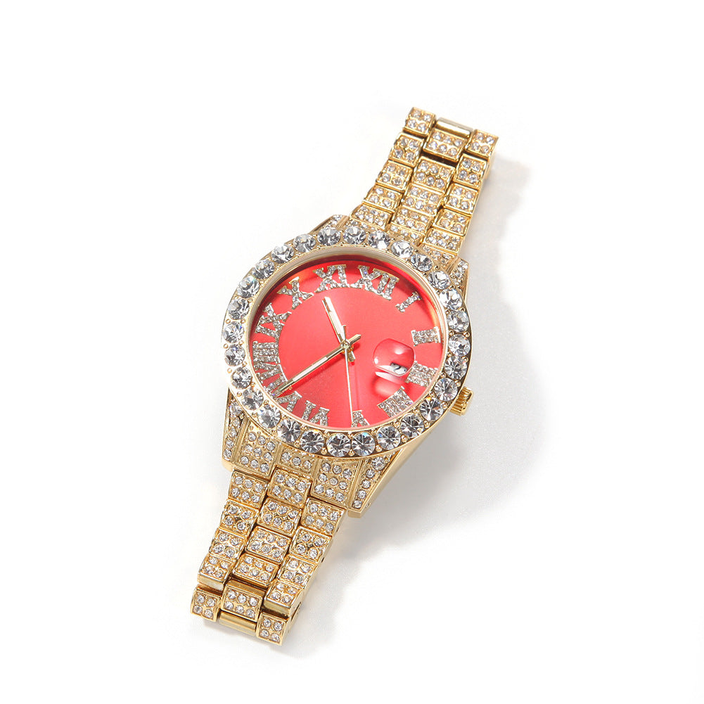 Hip-hop watch with Roman numerals and diamonds, large dial