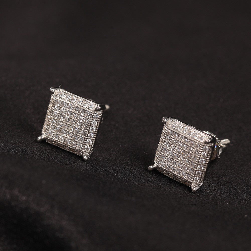 Hip Hop diamond-encrusted 925 silver stud earrings