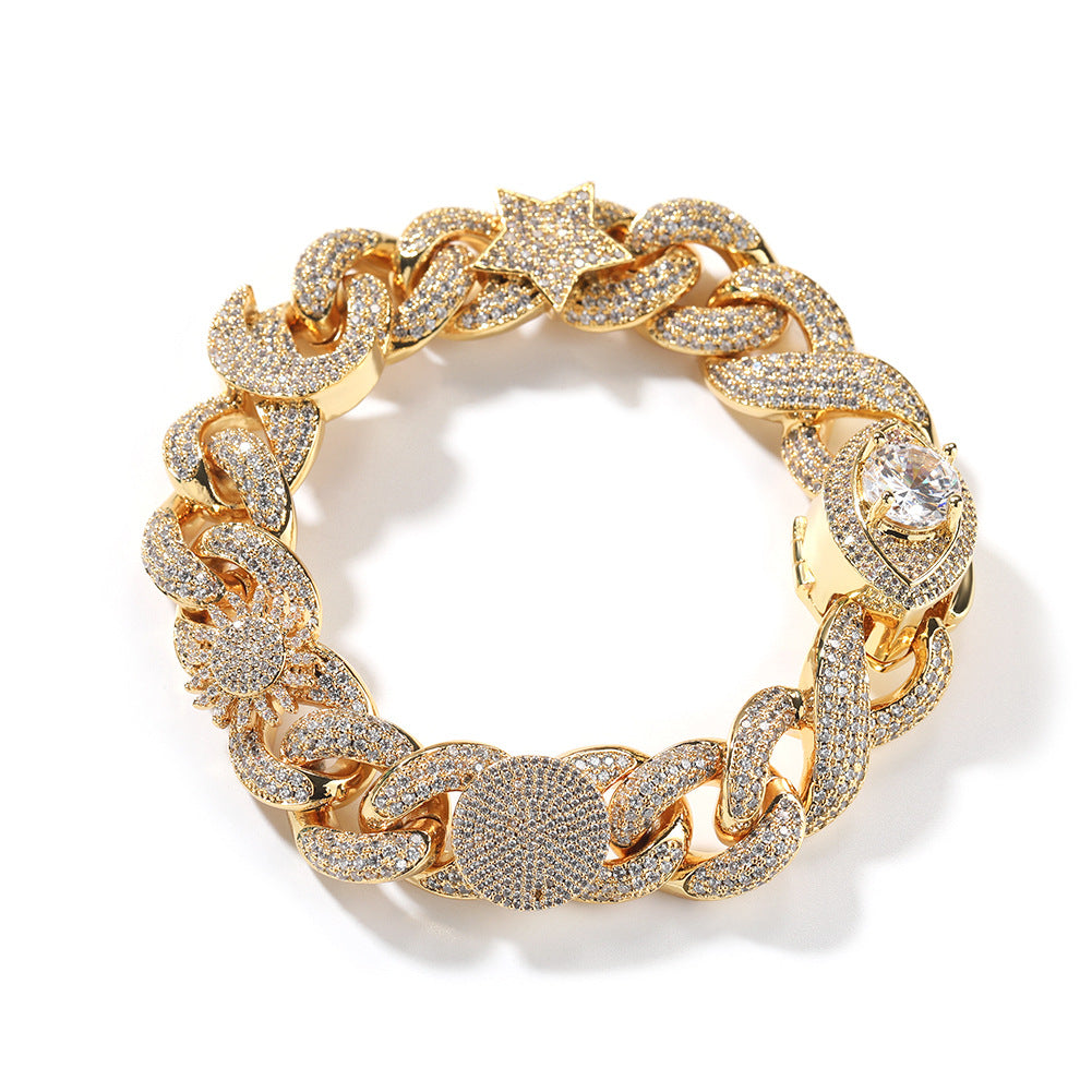 Hip-hop zircon-encrusted sun, star and eye necklace