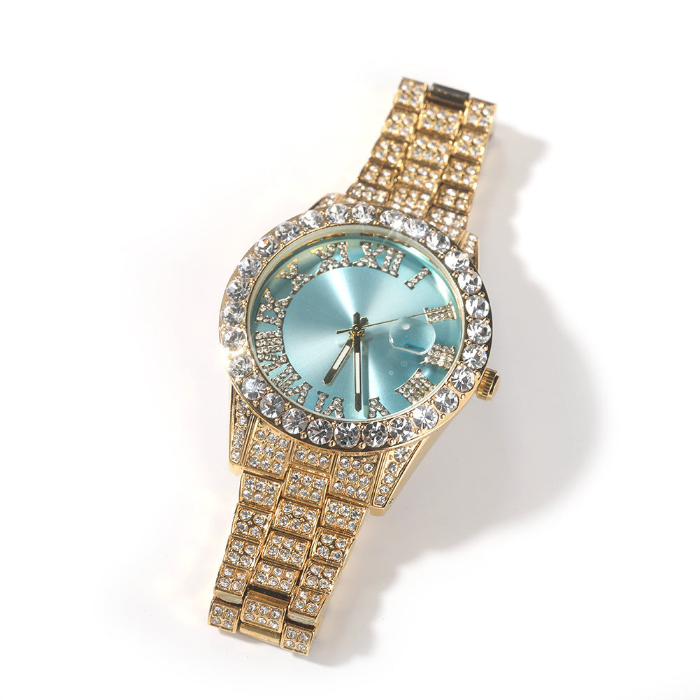 Hip-hop watch with Roman numerals and diamonds, large dial