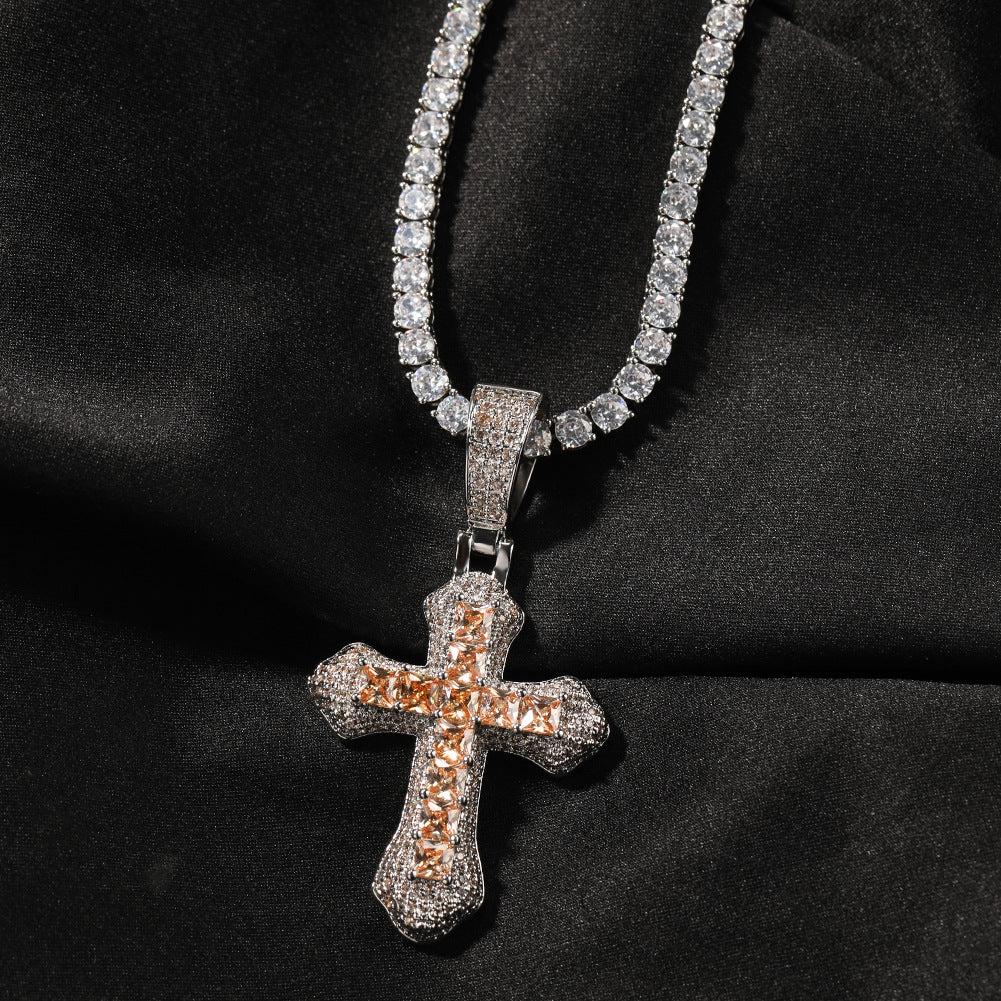 Hip-hop copper-inlaid purple zircon cross necklace
