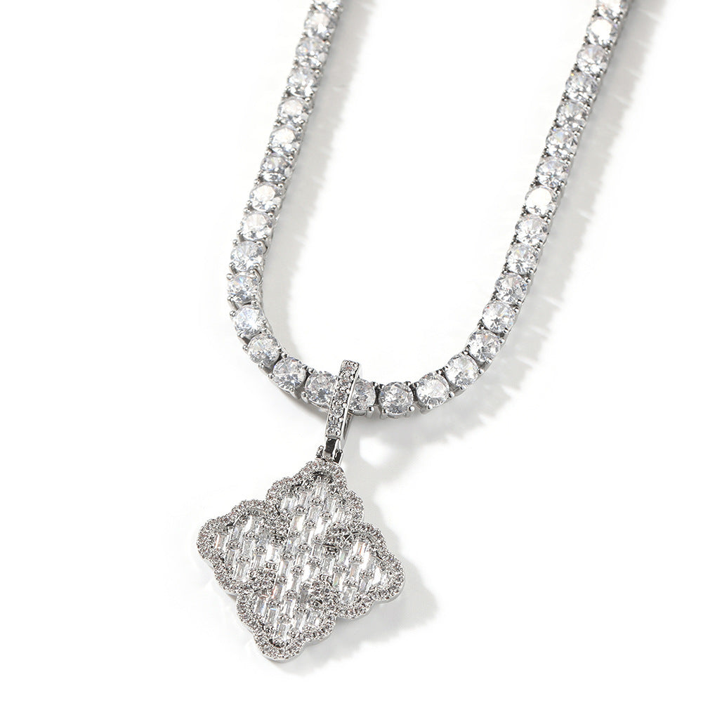 Full-diamond zircon four-leaf clover necklace