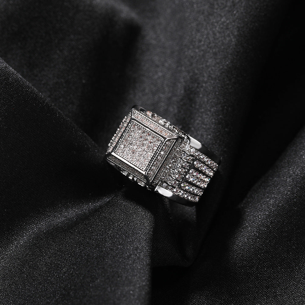 Hip-hop square diamond-encrusted couple ring