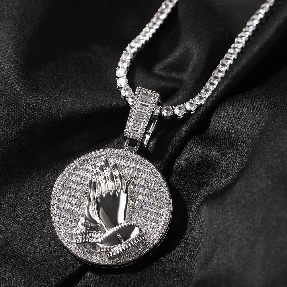 Hip-hop round disc zircon-encrusted praying hands pendant