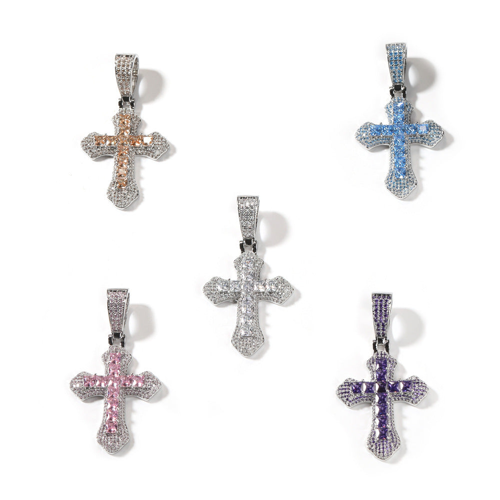 Hip-hop copper-inlaid purple zircon cross necklace