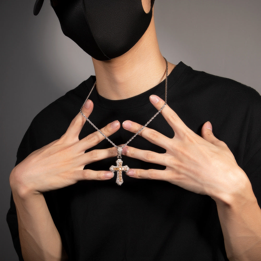 Hip-hop copper-inlaid purple zircon cross necklace