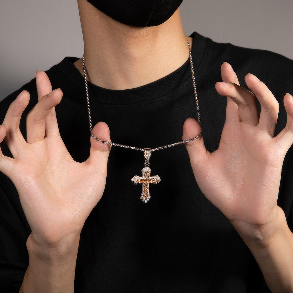Hip-hop copper-inlaid purple zircon cross necklace