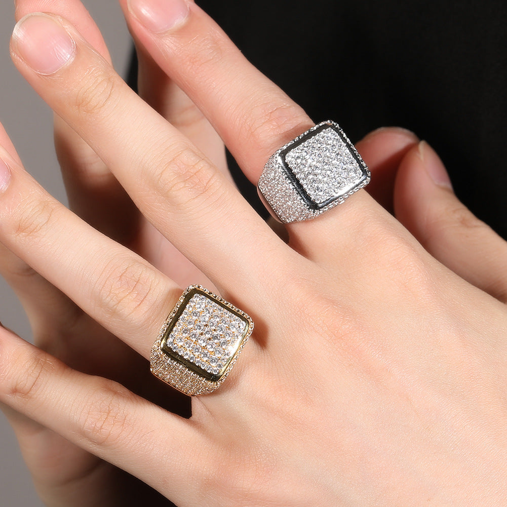 Hip-hop large square ring with zircon
