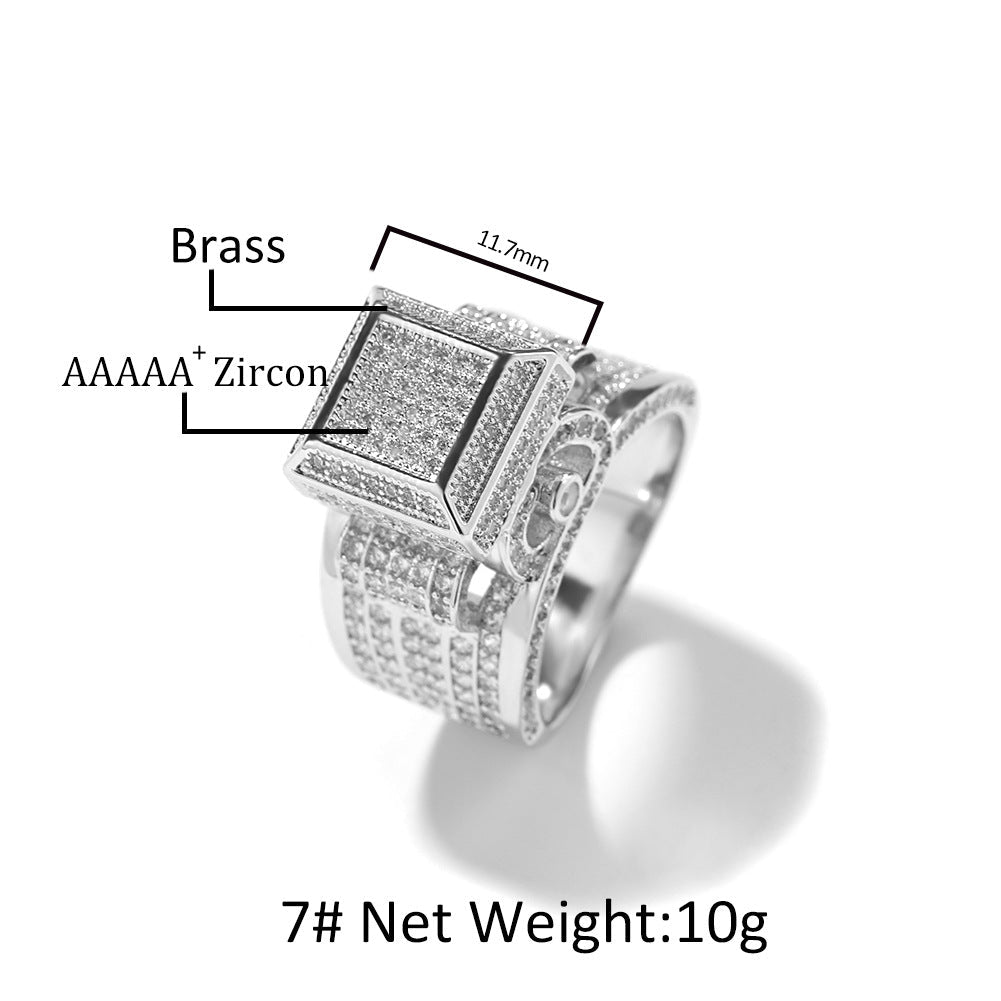Hip-hop square diamond-encrusted couple ring