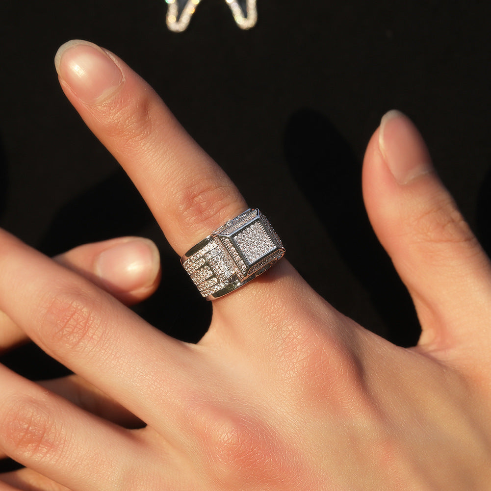Hip-hop square diamond-encrusted couple ring