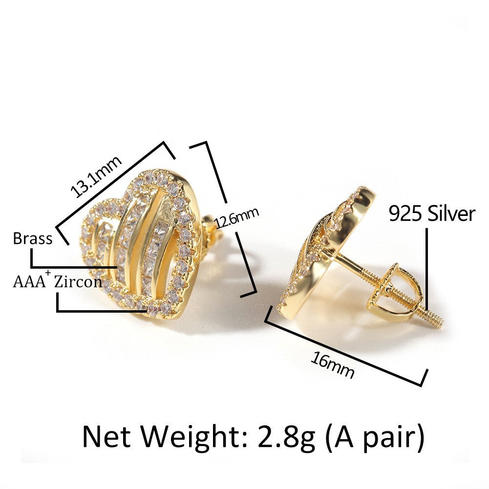 Hip Hop diamond-encrusted 925 silver stud earrings