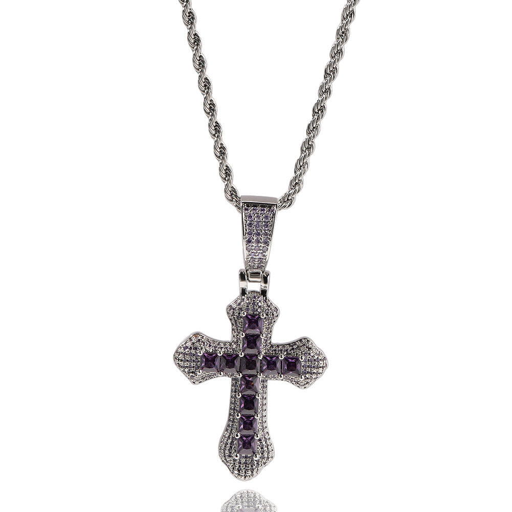 Hip-hop copper-inlaid purple zircon cross necklace