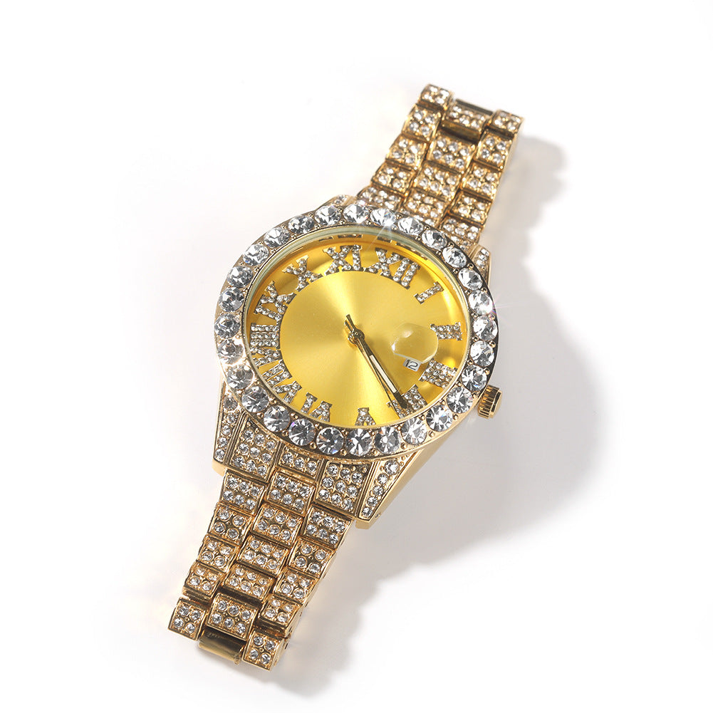 Hip-hop watch with Roman numerals and diamonds, large dial
