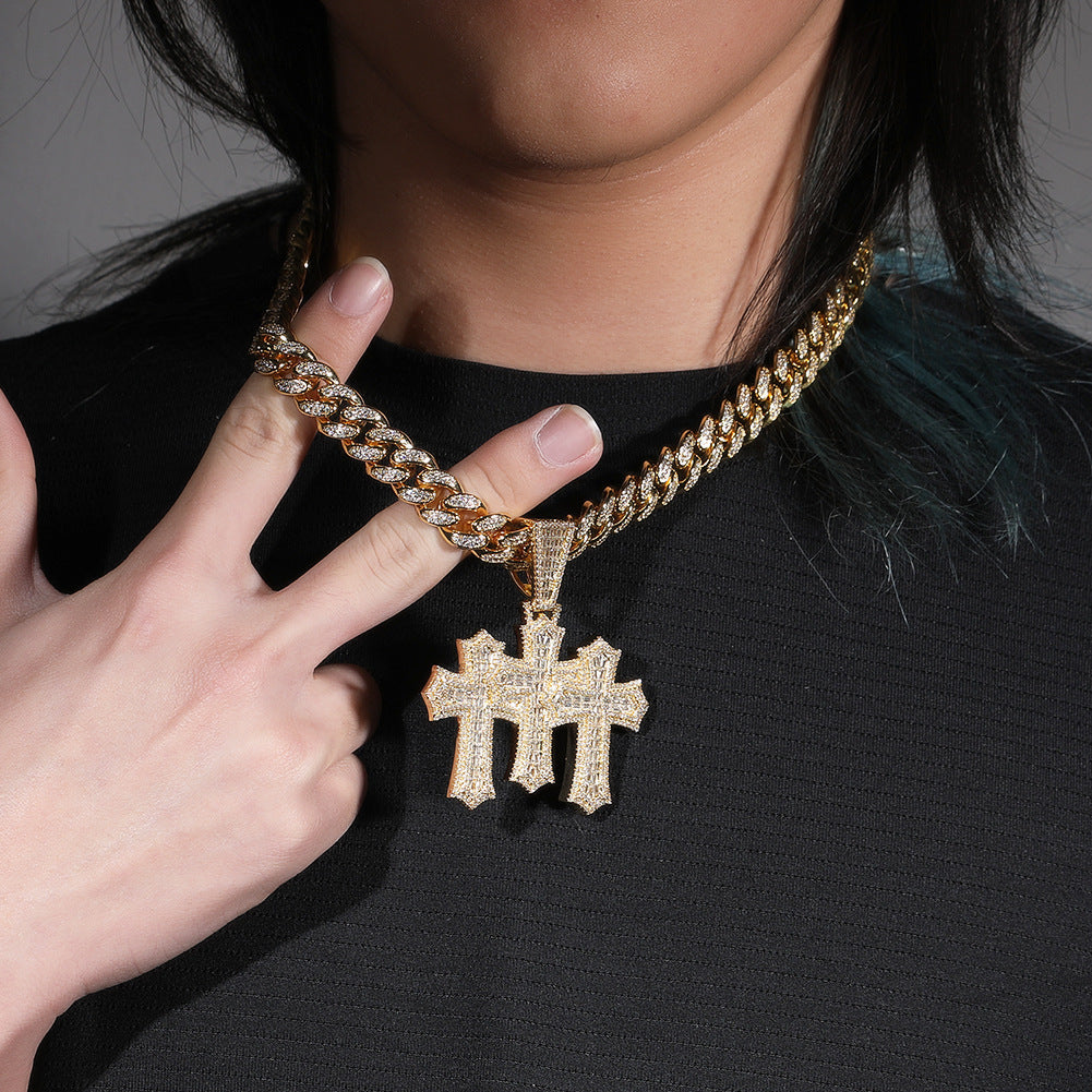 Hip-hop diamond-encrusted zircon three-cross Cuban necklace