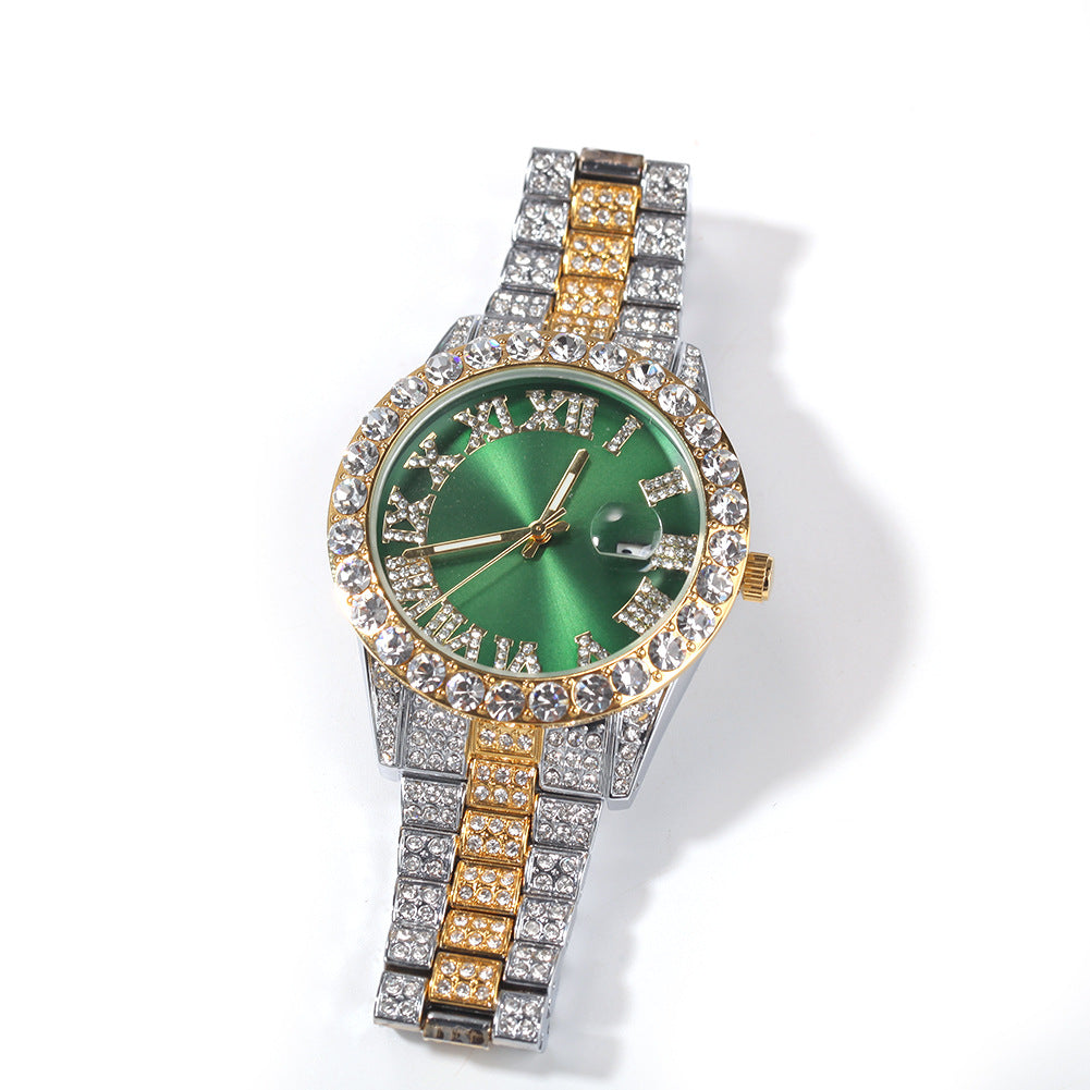 Hip-hop watch with Roman numerals and diamonds, large dial