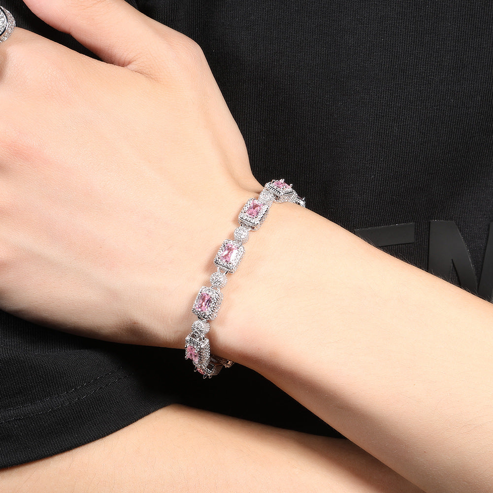 Copper inlaid pink zircon hip-hop bracelet