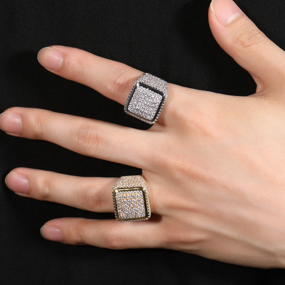 Hip-hop large square ring with zircon