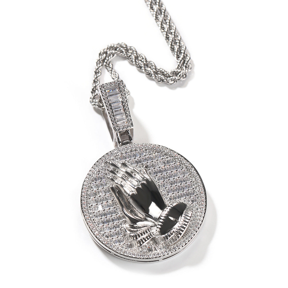 Hip-hop round disc zircon-encrusted praying hands pendant