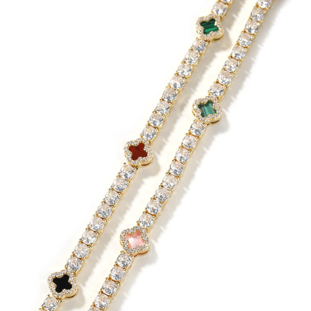 Hip-hop four-leaf clover diamond tennis chain necklace bracelet