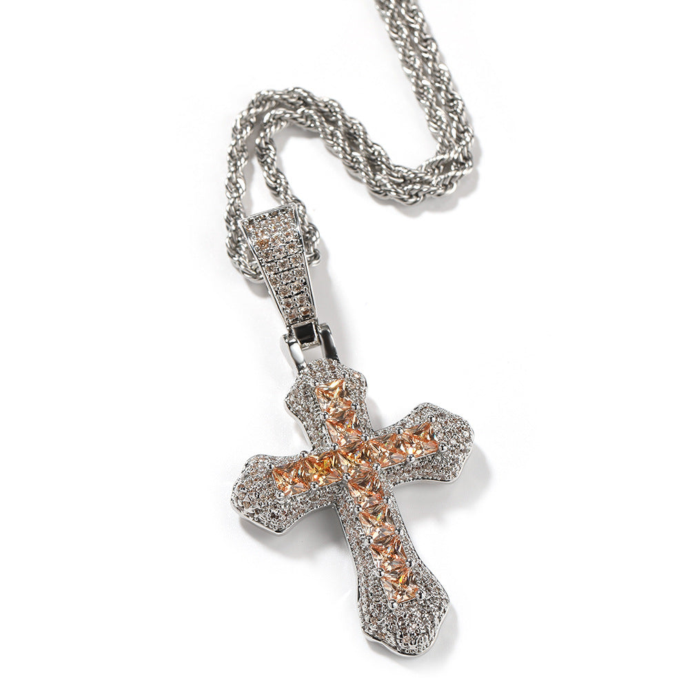 Hip-hop copper-inlaid purple zircon cross necklace
