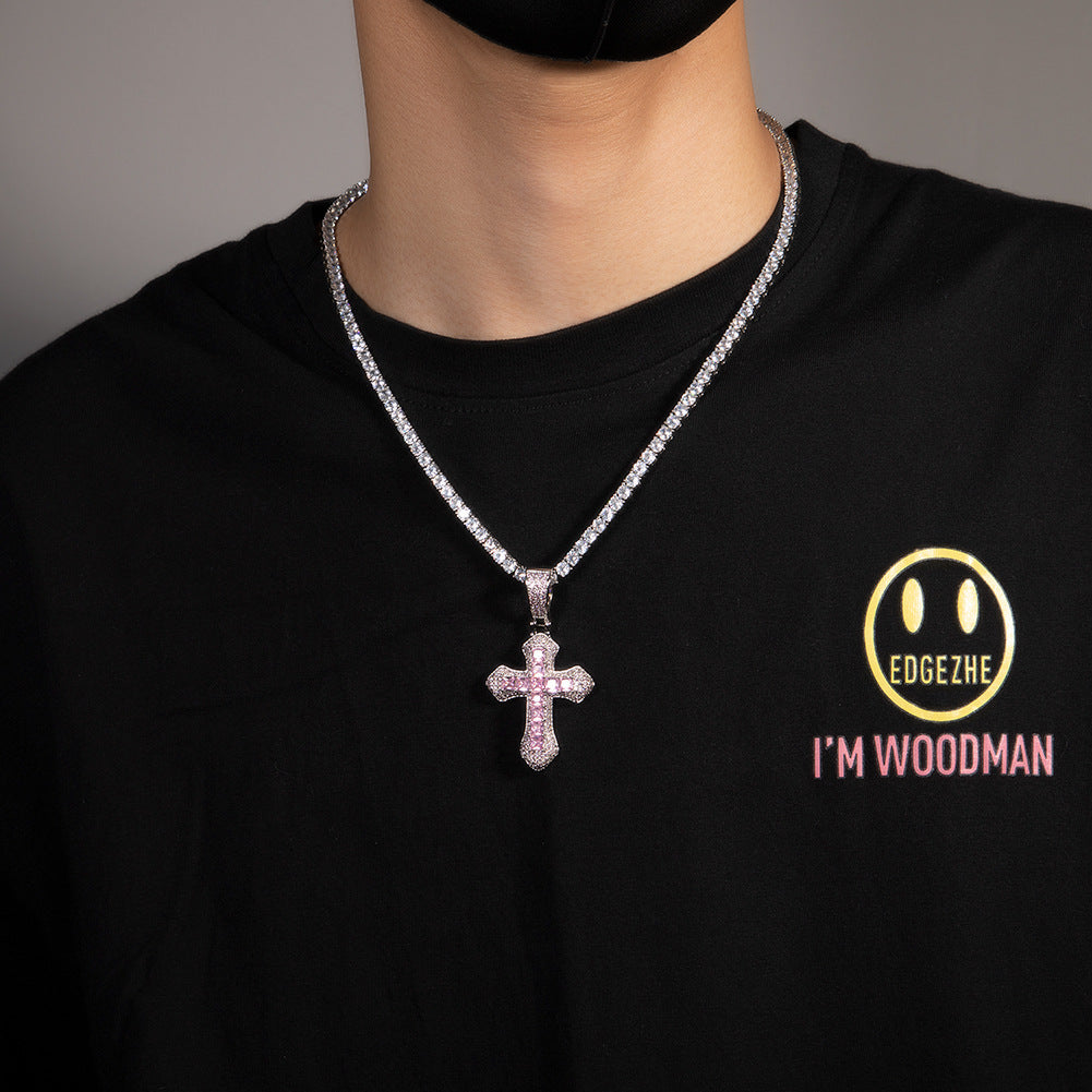 Hip-hop copper-inlaid purple zircon cross necklace