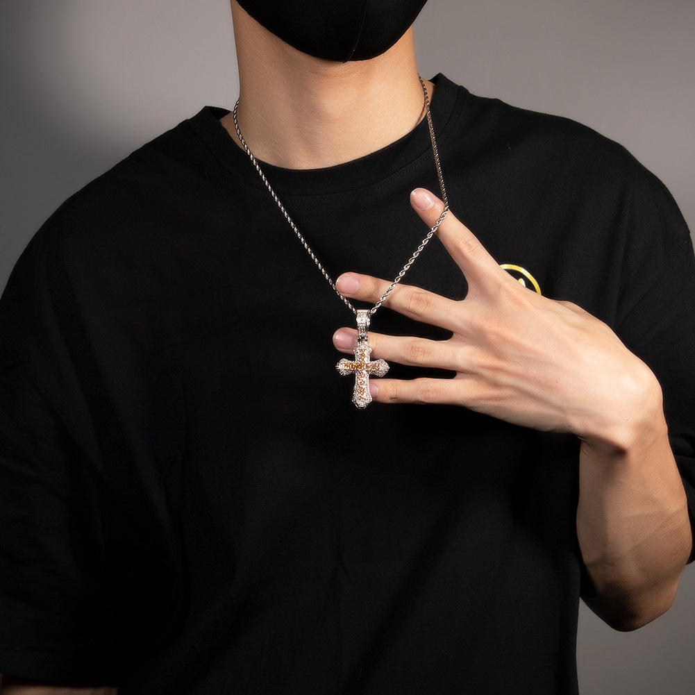 Hip-hop copper-inlaid purple zircon cross necklace