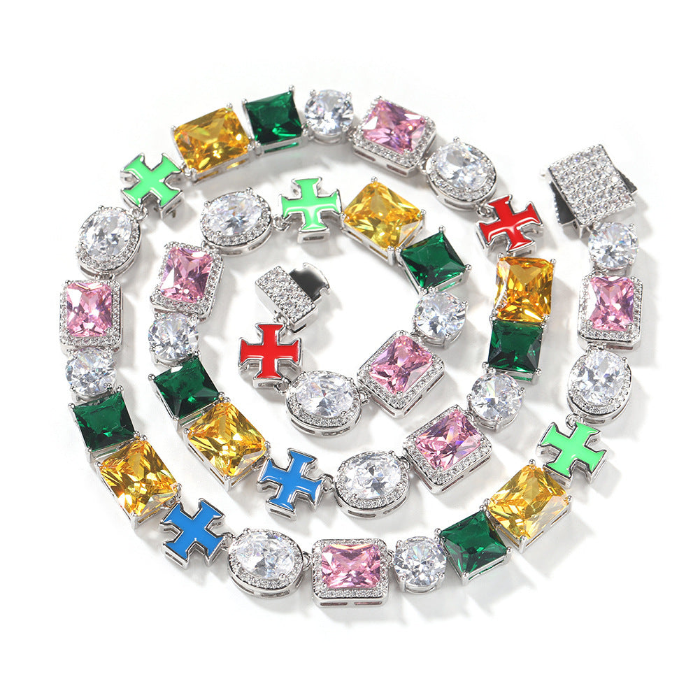 Hip-hop necklace with colorful zircon inlays and a square cross