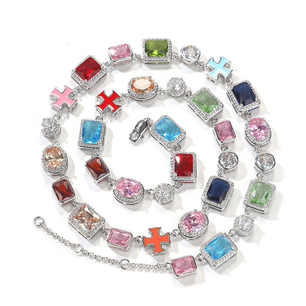 Exquisite diamond-encrusted colored gemstone bracelet and necklace